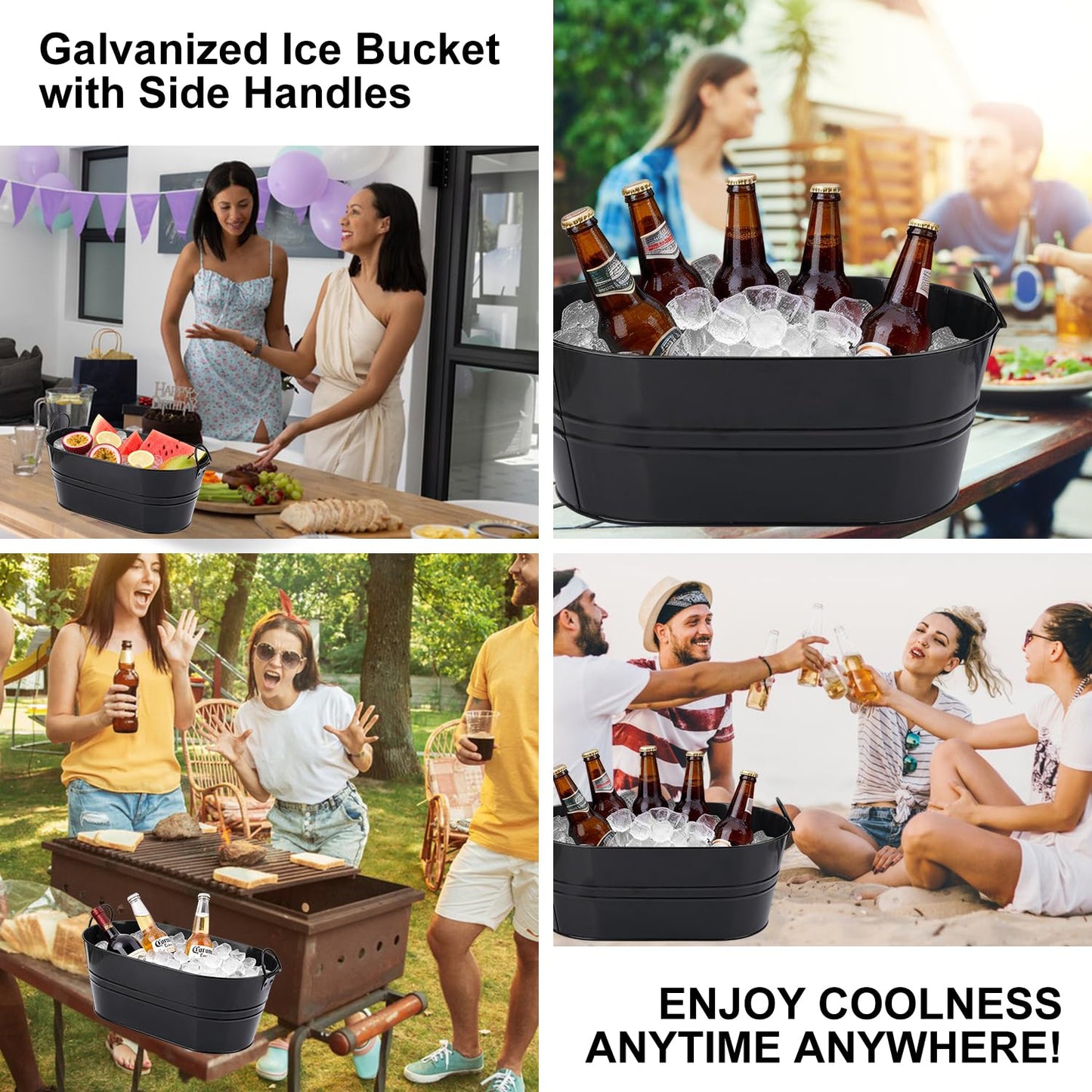 Yiksonyo 3 PCS 15.3 x 9 x 6 inches Black Metal Galvanized Tub with Handles, 3 Gallon Beverage Tubs for Parties, Large Ice Buckets for Beer, Wine, Cocktails & Outdoor Events