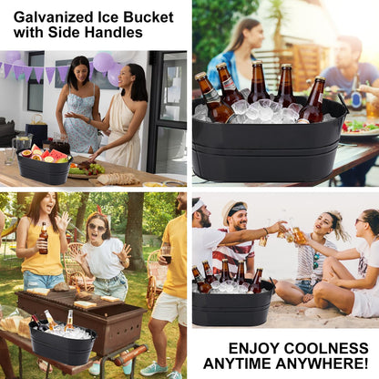 Yiksonyo 3 PCS 15.3 x 9 x 6 inches Black Metal Galvanized Tub with Handles, 3 Gallon Beverage Tubs for Parties, Large Ice Buckets for Beer, Wine, Cocktails & Outdoor Events