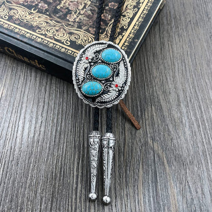 QUKE Vintage Native American Western Cowboy Three Blue Turquoise Stone Bolo Tie Hand-woven Leather Bola Tie Necktie for Men