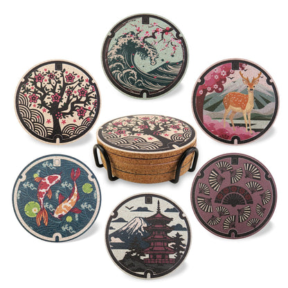 Japanese Coasters Japan Manhole Design Coasters for Drinks Cherry Blossom Koi Pagoda Deer Cork Coasters for Coffee Table Housewarming Birthday Gifts Set of 6