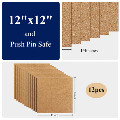 NACHLYNN Cork Board 12 Pack 12 x 12 Self-Adhesive Corkboards for Wall Square Bulletin Board with 100 Push Pins Frameless Cork Tiles for Walls Home Office
