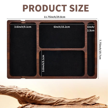 Valet Tray, Multi-Space Acacia Wood Leather Surface Desk Organizer Tray with Charging Assistance Port for Office or Study Room, Nightstand Organizer for EDC, Store Phone, Watch, Wallet, Keys, Jewelry