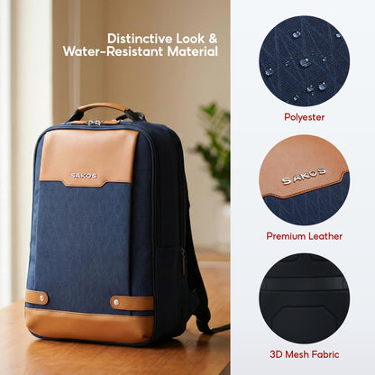 SAKOS Matura 15.6 inch Laptop Backpack with USB Charging Port, Professional Luggage Backpack Carry on Flight - TSA Approved, Water Resistant Backpack for Men & Women with Laptop Compartment - Blue