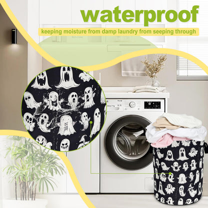 Cute Ghost Laundry Basket Funny Spooky Foldable Waterproof Oxford Cloth Tote Bag Laundry Hamper Round Large Clothes Storage Bucket Organizer For Bathroom/Laundry Storage/Bedroom 18.9x16.5 Inch