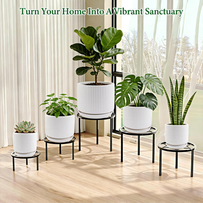 Ceramic-Flower-Pots-Sets-with-Saucer, 5/6/8 inch Small Planters for Indoor Plants with Drainage Hole, White Vertical Stripe Plant Pots for Home Decor, Outdoor Garden Pot For Succulent Cactus Herb