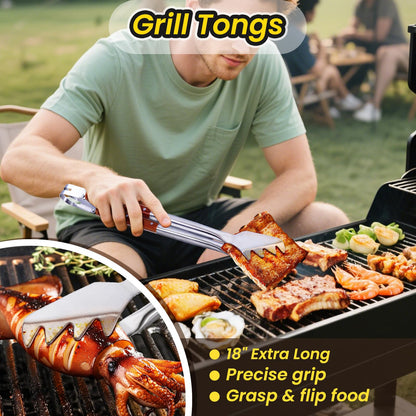 4PCS Grilling Accessories Rose Wooden BBQ Grilling Tools Set, Heavy Duty Stainless Steel Barbecue Grill Tools Kit with Spatula, Clips, Brushes, Forks for Outdoor Grill, BBQ Gift for Men and Women