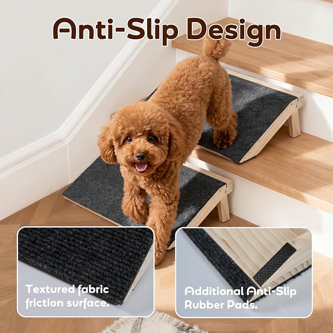 Adjustable Height Dog Ramp for Stairs (11cm/14cm), 3-Pack Solid Wood Pet Stair Ramp with High Traction Carpet, Indoor Dog Step for Small Breeds, Senior Dogs & Cats