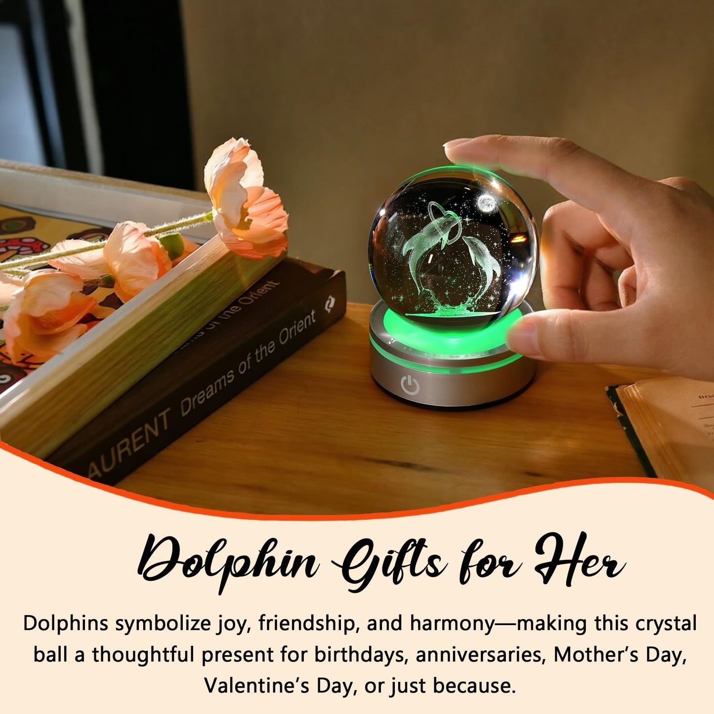 IFOLAINA 3D Dolphin Crystal Ball Night Lights Dolphin Lovers Gifts for Women Men Christmas Birthday Mothers Day Crystal Sphere Bedroom Decor
