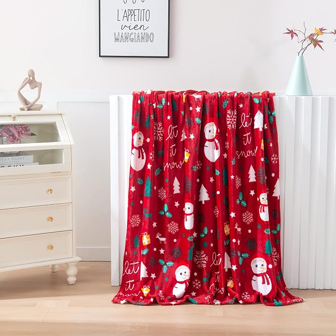 Elegant Comfort Luxury Velvet Super Soft Christmas Prints Fleece Blanket-Holiday Theme Home Décor Fuzzy Warm and Cozy Throws for Winter Bedding, Couch and Gift, 50 x 60 inch, Red Snowman