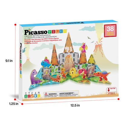 PicassoTiles Magnet Tiles Building Blocks Dinosaur Theme Set with 8 Magnetized Action Figures Magnetic Construction Build and Play Toy with Magnets STEM Learning Activities for Toddlers 3+ PTQ13