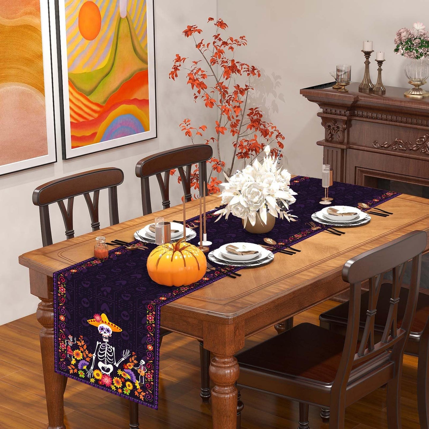 Day of The Dead Table Runner Dia De Los Muertos Tablecloth Mexican Halloween Sugar Skull Home Kitchen Dining Table Decorations 13x90 Inch
