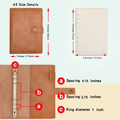 WONDERPOOL Leather Journal Refillable Notebook Spiral Diary Binder Portfolio - A5 Dotted Paper & Inner Pockets for Travel Work and Personal Organizer (Brown, A5)
