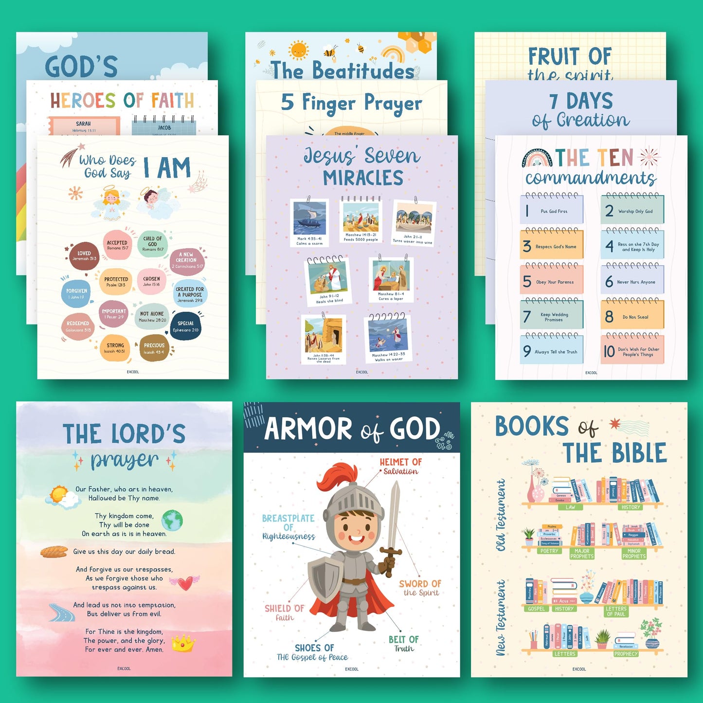 Excool Club Sunday School Decorations For Classroom - 12 Book Of The Bible Posters For Kids, Ten Commandments Fruit Of The Spirit Wall Art, Bible Study Supplies For Christian Classroom Decor (11"x14")