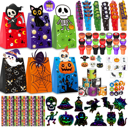 192PCS Halloween Party Favors Gift for Kids, 24 Pack Halloween Stationery Gift Set for Trick or Treat, Goody Bags Fillers Party Supplies for Classroom School Prizes with Erasers, Pencils, Rulers