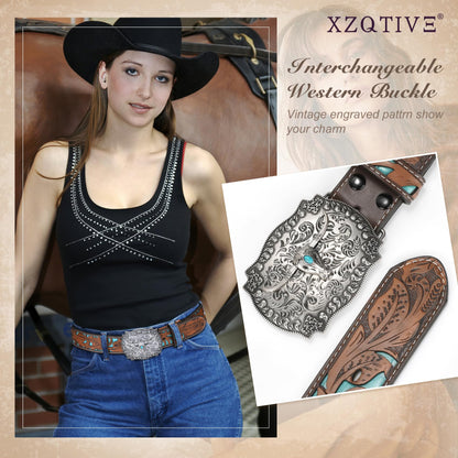 XZQTIVE Women Men Genuine Leather Belt Vintage Ladies Western Belt Engraved Tooled Leather Belt Cowboy Cowgirl Country Belt