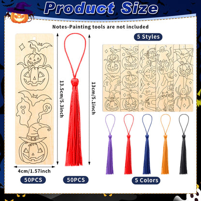 AmazingSpark 100 Pcs Wood Bookmarks Bulk DIY Crafts Kit, 50 Set Blank Coloring Bookmarks with Tassel for Classroom Gifts Exchange Activity Reading Party Favor Reward Goodie Fillers(Halloween)