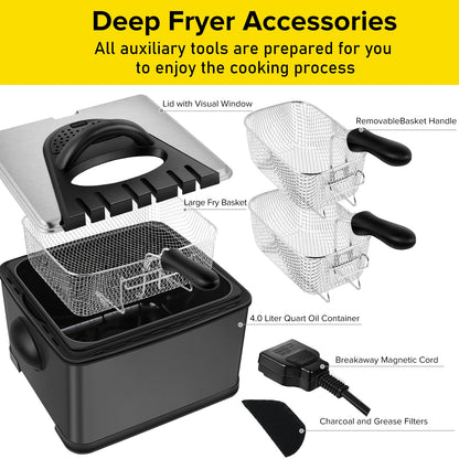 Secura 1700-Watt Stainless-Steel Triple Basket Electric Deep Fryer with Timer Free Extra Odor Filter, 4L/17-Cup, Red