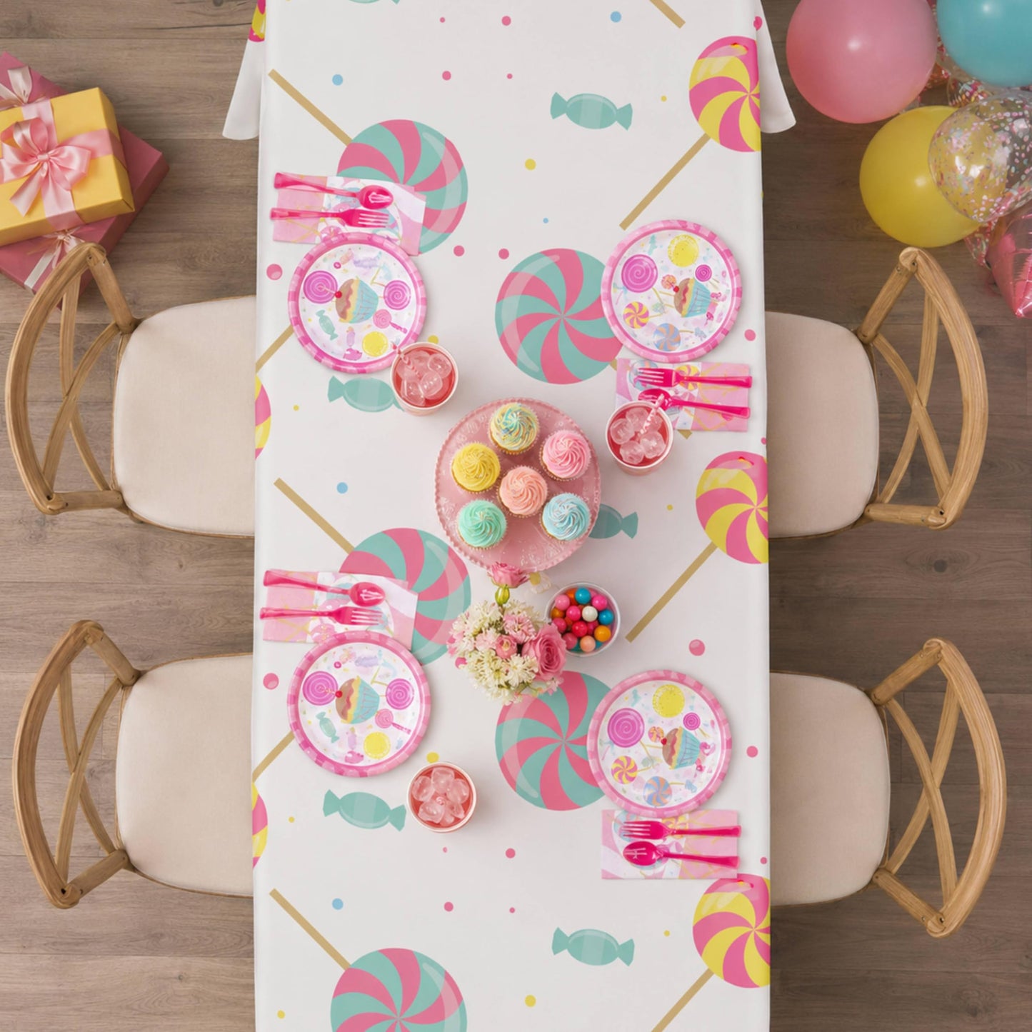 Blue Orchards Candy Table Covers (Pack of 3) - 54"x108" XL - Table Cloth, Party Supplies, Decorations, Lollipop Birthday Party, Halloween Candyland Theme Disposable Plastic Tablecloth Pack