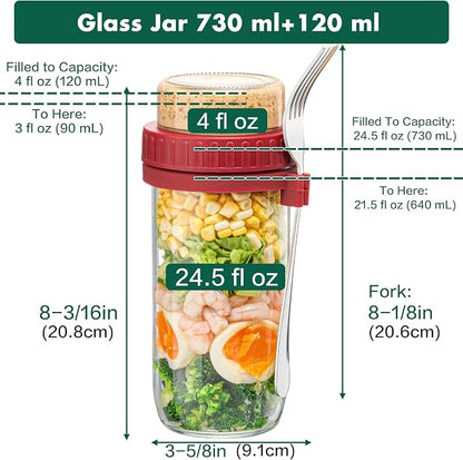 Danmu 24 oz Glass Meal Prep Containers 4-Pack with Lid & Dressing Cup - Leak Proof Salad Jars & Overnight Oats Containers with Lids Stainless Steel Fork Included for On the Go Lunch, Work, Fitness