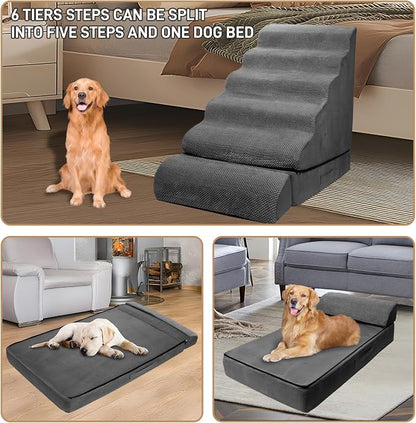Dog Stairs for High Beds 30-36 inches Tall, 6-Step Pet Stairs/Steps for High Bed 32-36 inches for Small Large Dogs, Foam Dog Steps for Beds for Old Dogs/Cats, Dark Grey