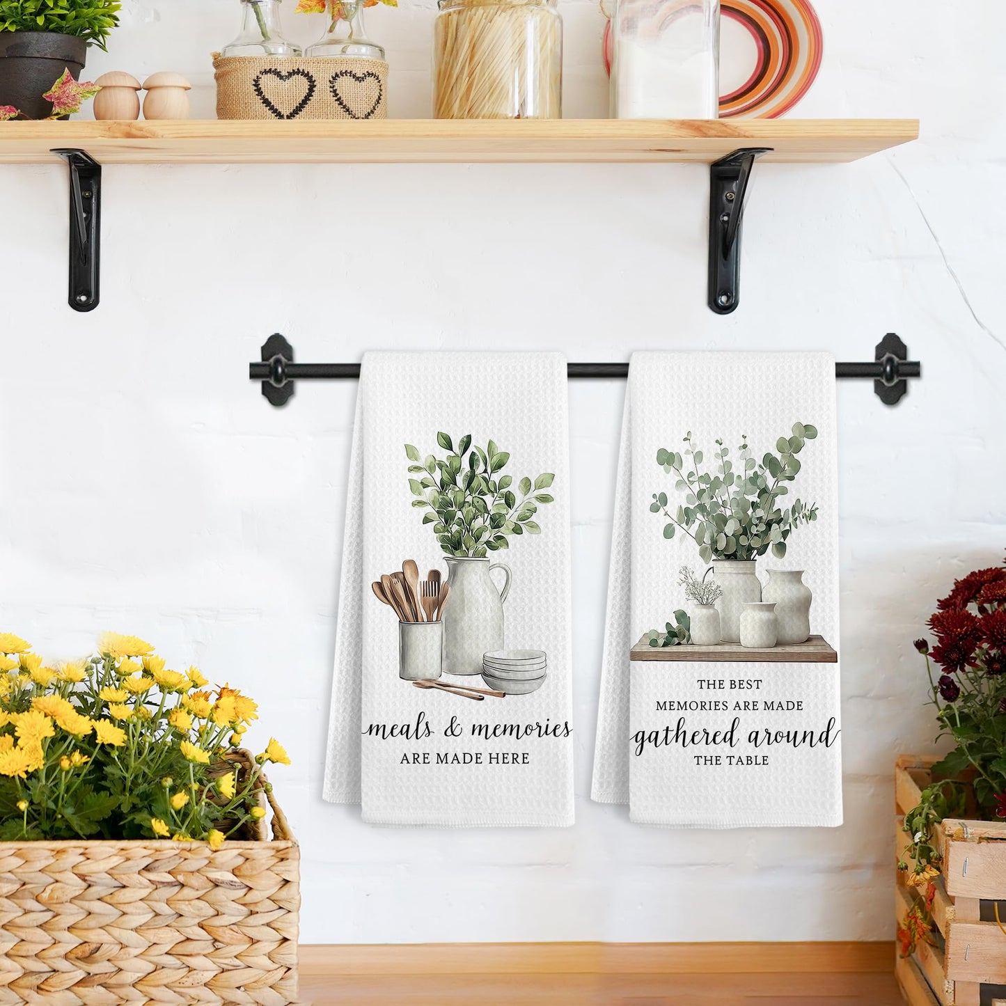 Gnmduw Eucalyptus Leaves Kitchen Towels, Sage Green Farmhouse Cooking Hand Towels Set of 2, Meals and Memories Are Made Here Hand Dish Tea Towel for Kitchen Bathroom Decor, Baking Gift for Chef,16x24