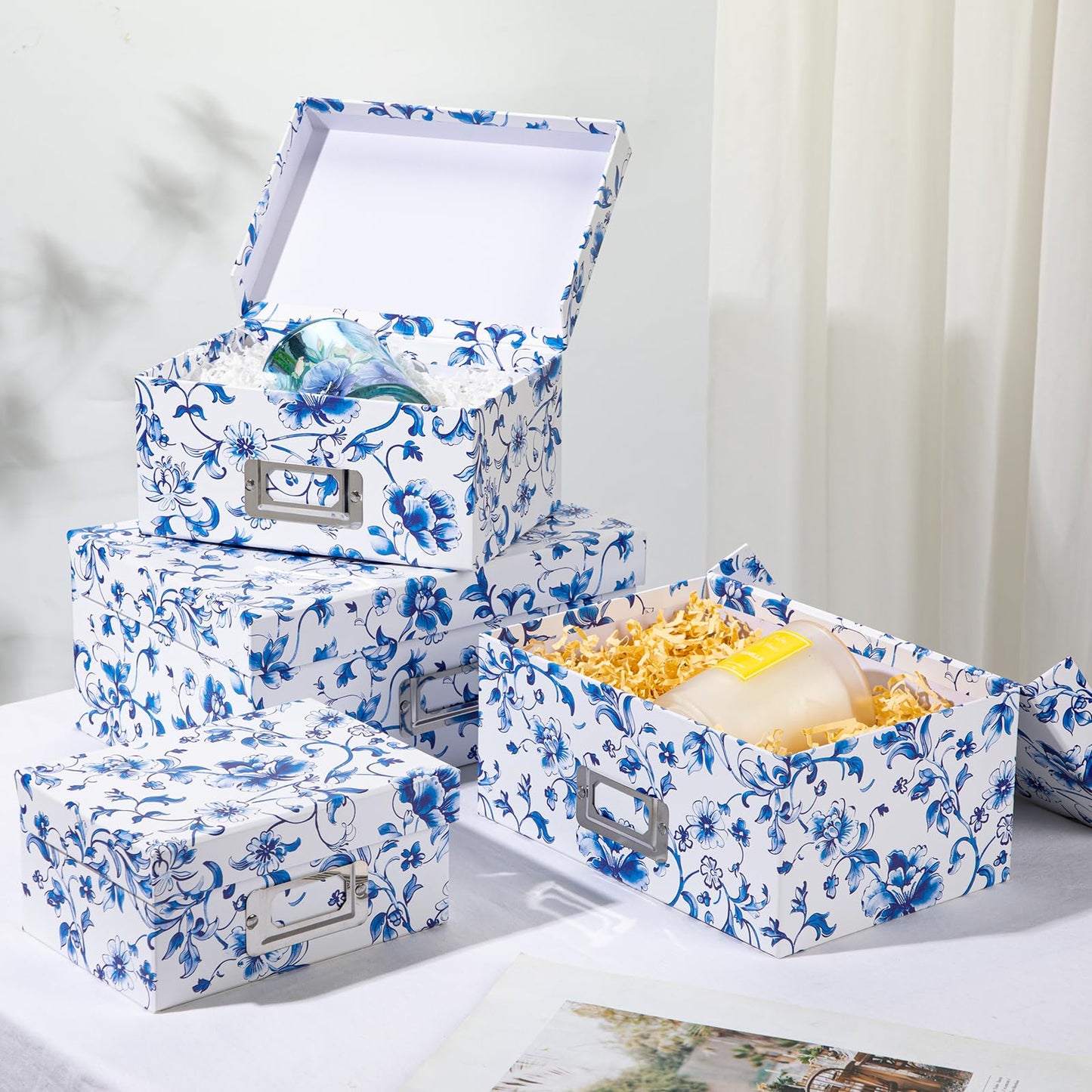 Briful Blue and White Porcelain Storage Boxes with Lids, Set of 4 – Chinoiserie Nested Card Photo Storage Box Organizer, Decorative Paperboard Box for Closet, Office, Gifts,Cosmetic,Books