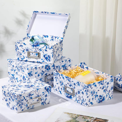 Briful Blue and White Porcelain Storage Boxes with Lids, Set of 4 – Chinoiserie Nested Card Photo Storage Box Organizer, Decorative Paperboard Box for Closet, Office, Gifts,Cosmetic,Books
