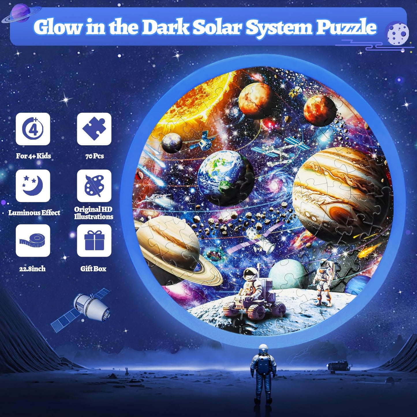 Glow in The Dark Solar System Jigsaw Puzzles for Kids Ages 4-8, 70 Pieces Kids Space Planet Floor Puzzle Toys Ages 8-10, Large Round Educational Puzzle Toys Easter Gifts for Kids Boys Girls