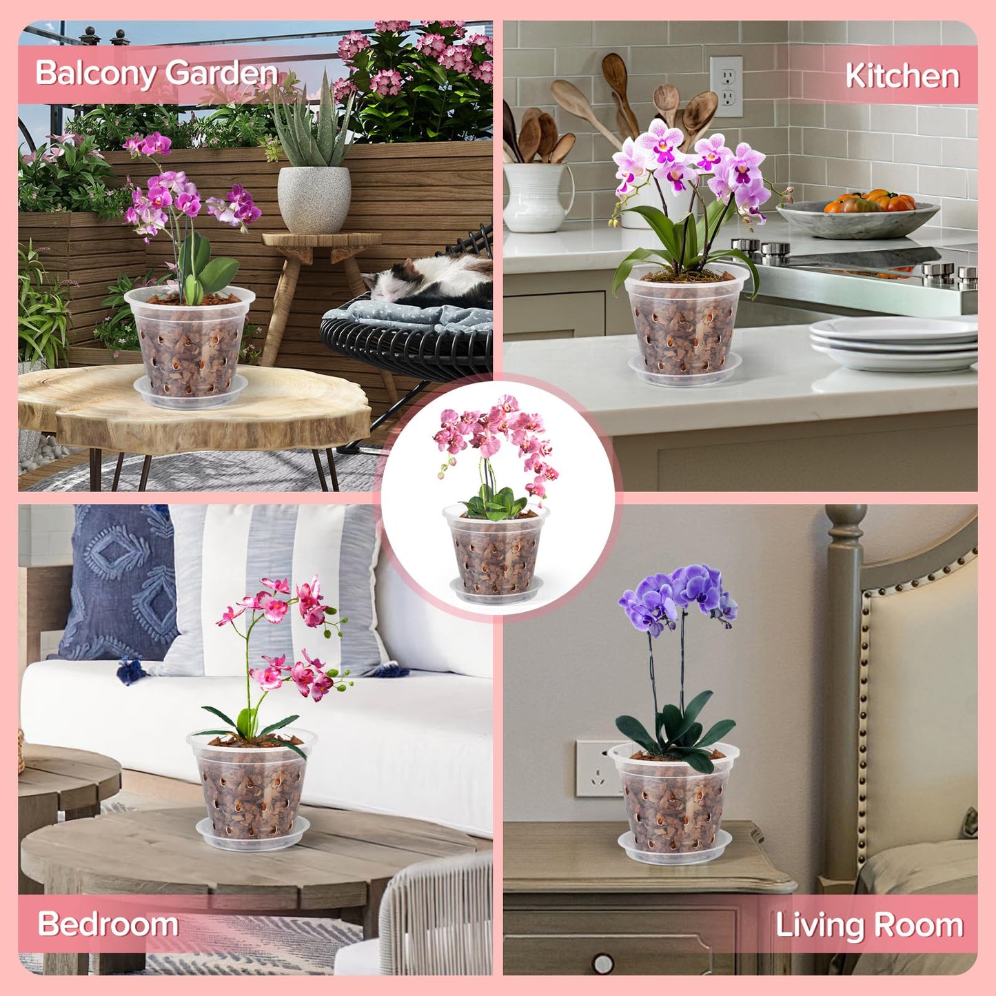 FUIJOL Orchid Pot, 6 Pack 5 Inch Clear Orchid Pots with Holes and Saucers for Repotting, Breathable Slotted Plastic Orchid Planters with Drainage for Root Health Indoor Outdoor (5 Inch)