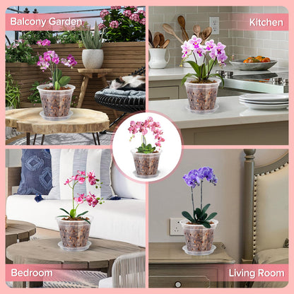 FUIJOL Orchid Pot, 6 Pack 5 Inch Clear Orchid Pots with Holes and Saucers for Repotting, Breathable Slotted Plastic Orchid Planters with Drainage for Root Health Indoor Outdoor (5 Inch)