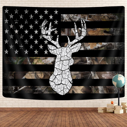 GOAOK Western Tapestry Black White American Flag, Country Deer Hunting Camo Tapestries for Men Guys Room Decor, Tapestry Wall Hanging Poster Blanket College Dorm Cool Indie Room 60"X40"