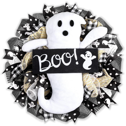 16 Inch Halloween Ghost Wreath Burlap Wreath with Ghost Doll Artificial Hanging Garland for Halloween Decorations Indoor Outdoor Party Supplies