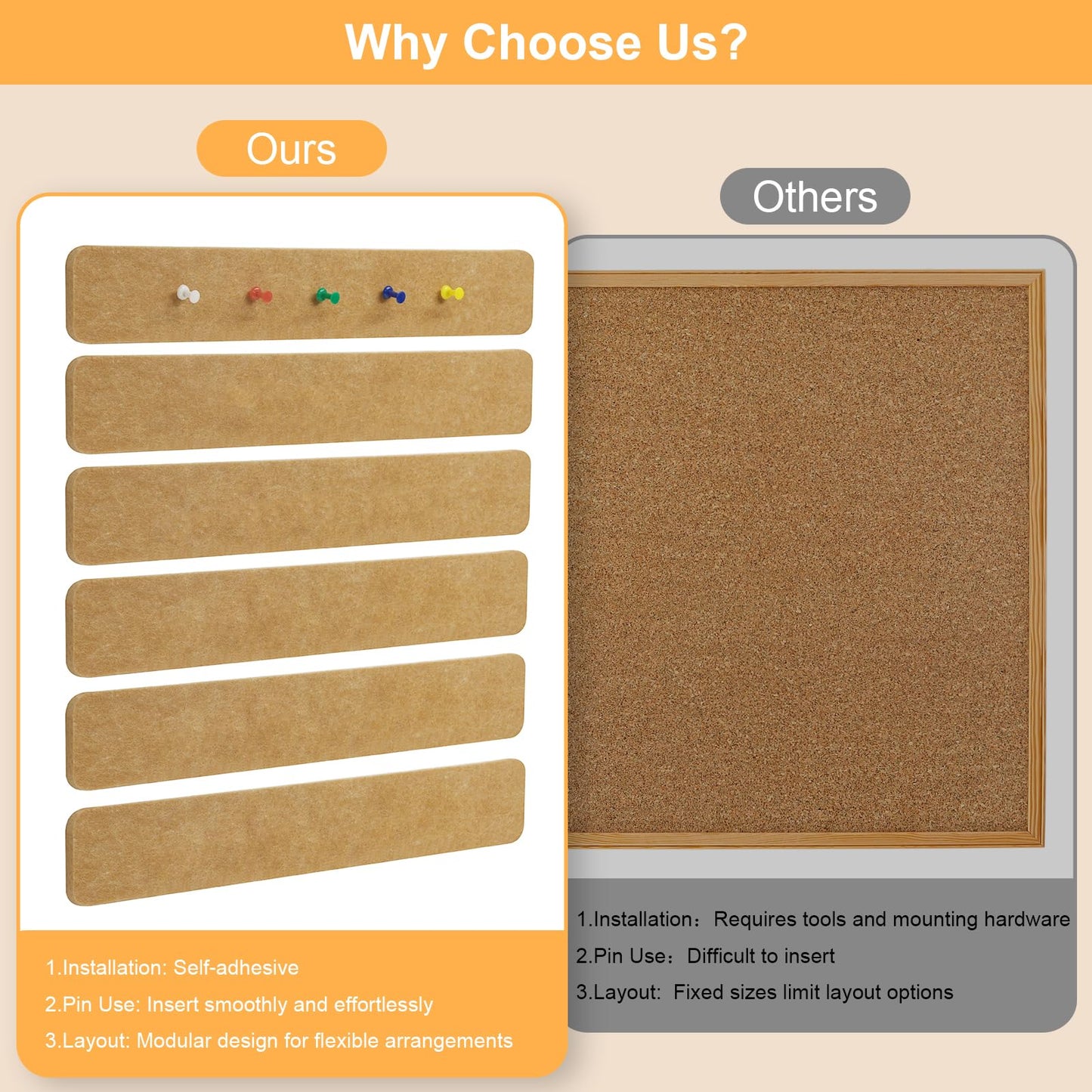 Fushing Cork Boards Felt Bulletin Boards, 13"x2" Pin Boards with Push Pins, Self-Adhesive, No-Drill Wall Mount Pin Boards for Classroom, Office, Home, Dorm, Bedroom Door (12)