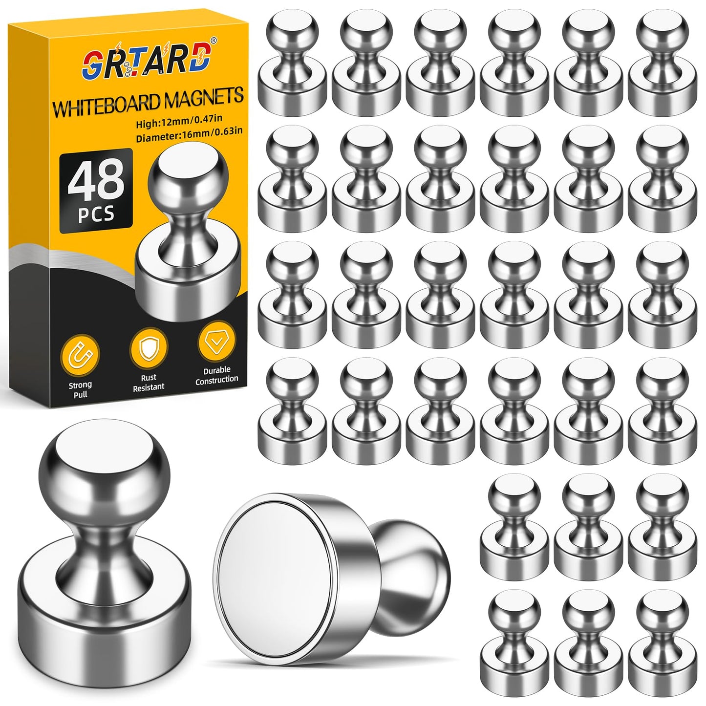 Grtard 48 Pack Magnetic Push Pins, Fridge Magnets for Whiteboard, Whiteboard Magnets Refrigerator Magnets, Small and Strong Push Pin Magnet for Office, School, Locker, and Map Magnet
