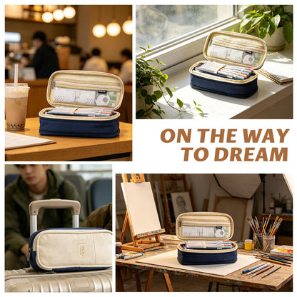 EASTHILL Big Capacity Pencil Pen Case Office College School Large Storage High Capacity Bag Pouch Holder Box Organizer Blue