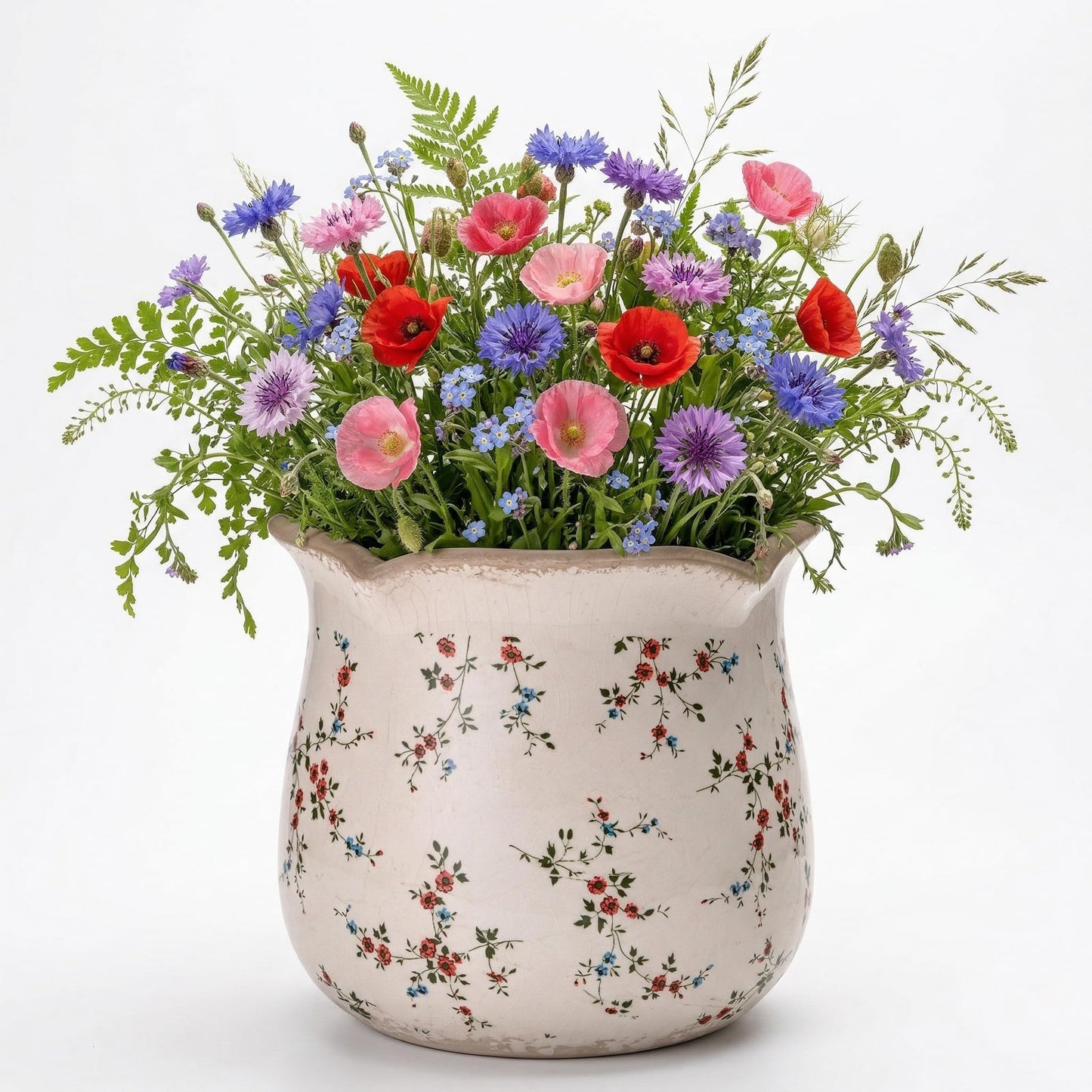 behen bahen Vintage Ceramic Planter Pot with Drainage Holes, Green Floral Design, 6.11 Inch, Distressed Tuscan Style, Indoor Plant Pot and Vase (Small Red Blooms)