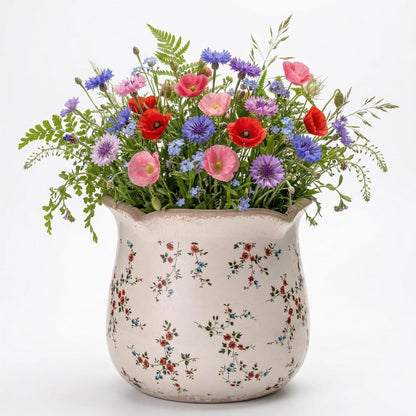 behen bahen Vintage Ceramic Planter Pot with Drainage Holes, Green Floral Design, 6.11 Inch, Distressed Tuscan Style, Indoor Plant Pot and Vase (Small Red Blooms)