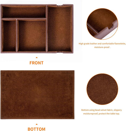 Mens Valet Tray for Nightstand Bedside and Entry Table Faux Leather Catchall Tray for Phone,Watch,Glasses,Wallet,Jewelry and Keys Dresser Organizer Valet Charging Station Gifts for Dad (All Brown)
