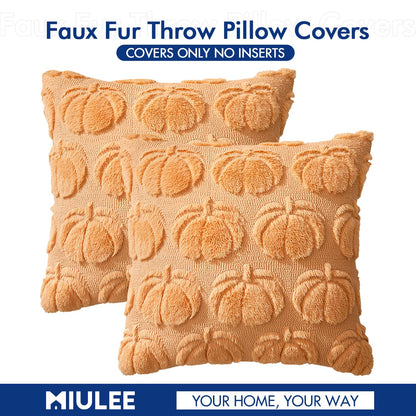 MIULEE Fall Throw Pillow Covers 18x18 Set of 2 Autumn Decorations Pumpkin Accent Pillowcase for Outdoor Porch Sofa Couch Bed Living Room Plush Faux Fur Halloween Farmhouse Home Decor