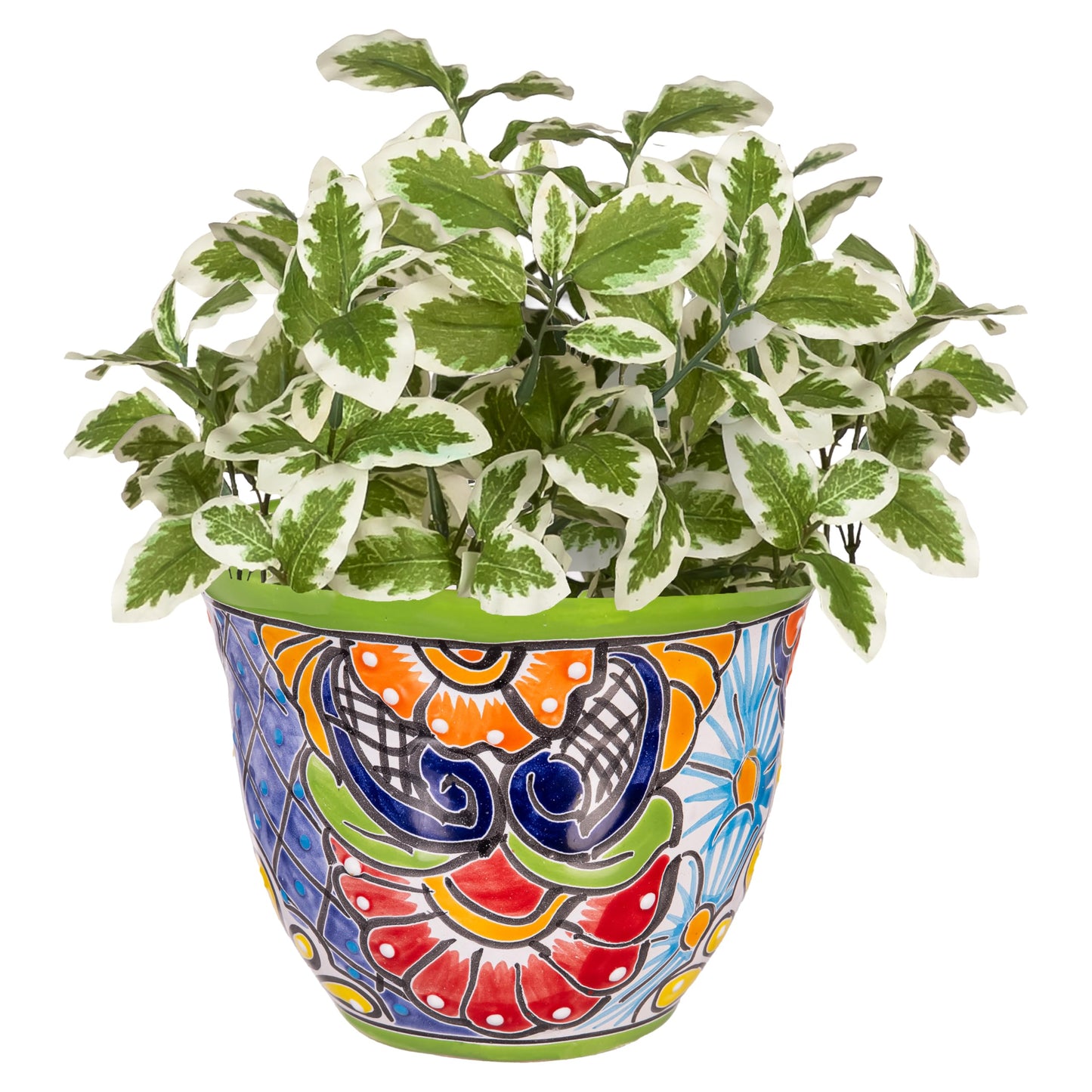 Evergreen 7 inch Talavera Mexican Pottery Ceramic Green Detailed Baul, Set of 2, Flower Pot Plant Succulent, Indoor Outdoor