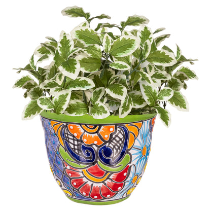 Evergreen 7 inch Talavera Mexican Pottery Ceramic Green Detailed Baul, Set of 2, Flower Pot Plant Succulent, Indoor Outdoor