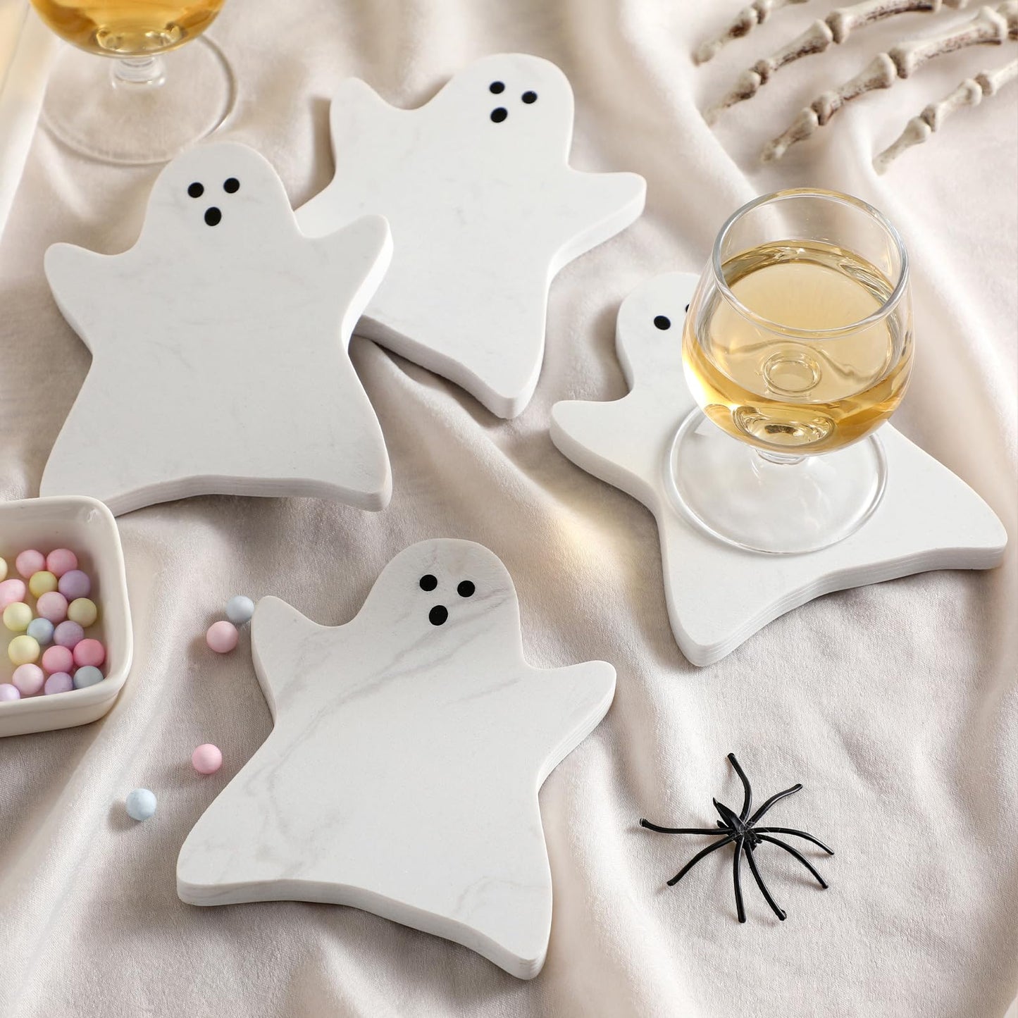 Acellegic 4pcs Marble Coasters Halloween Ghost Coasters 4.7 x 3.9 Inches for Drinks Beverage Boo Mug Cup Car Desk Party Decoration(Halloween Ghost,White)