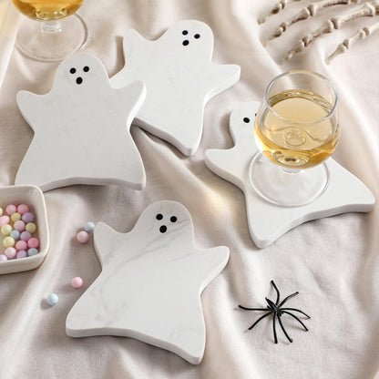 Acellegic 4pcs Marble Coasters Halloween Ghost Coasters 4.7 x 3.9 Inches for Drinks Beverage Boo Mug Cup Car Desk Party Decoration(Halloween Ghost,White)