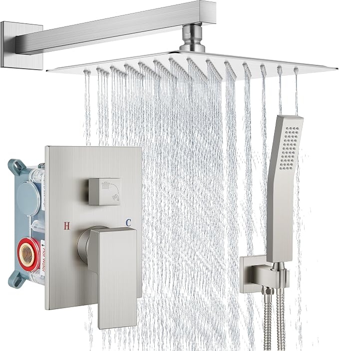 Aolemi Shower Faucet Set Rain Shower System with Handheld Spray Bathroom Shower Combo Rough-in Valve and Shower Trim Kit Included Brushed Nickel 12 Inch Wall Mount Shower Head