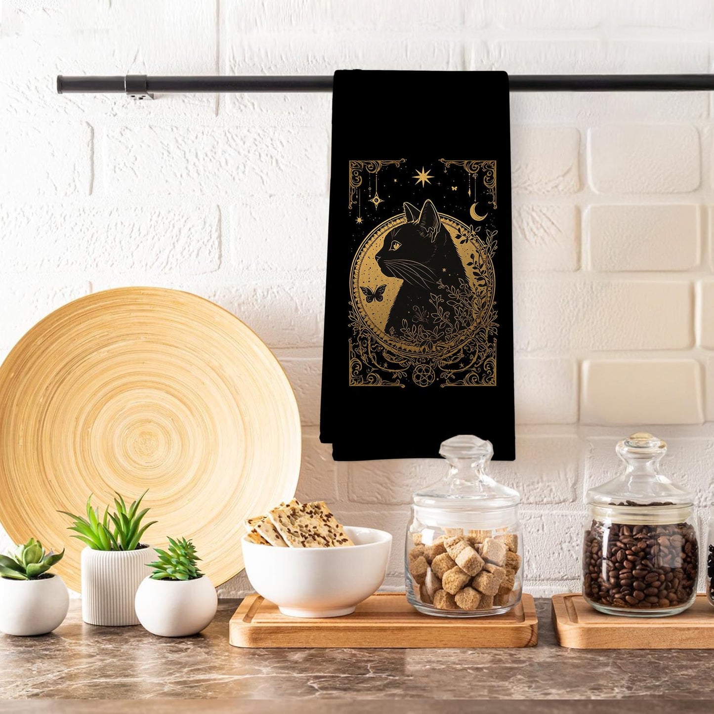 GWFSJYU Gothic Tarot Cat Kitchen Towels, Witchy Black Gold Dish Tea Towels for Kitchen, Witchy Cat Gifts for Cats Lovers Women, Cats Decorative Hand Towels for Bathroom, 16x24 Inch