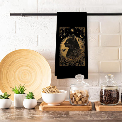 GWFSJYU Gothic Tarot Cat Kitchen Towels, Witchy Black Gold Dish Tea Towels for Kitchen, Witchy Cat Gifts for Cats Lovers Women, Cats Decorative Hand Towels for Bathroom, 16x24 Inch