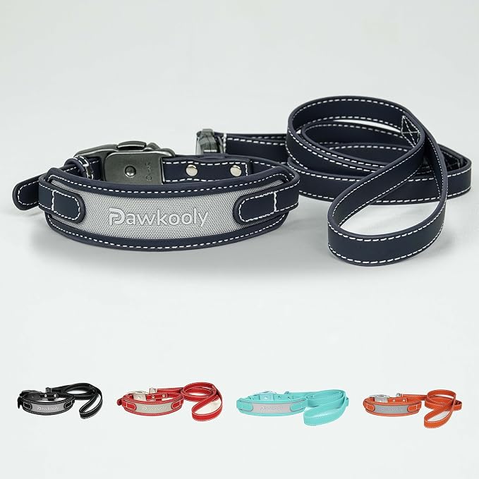 MagEase Dog Collar with 4FT Leash | Adjustable | Anti-Wrinkle, Bite & Stain-Resistant Leather | Soft & Skin-Friendly | 450LB Escape-Proof Magnetic Buckle (Navy Blue, Medium)
