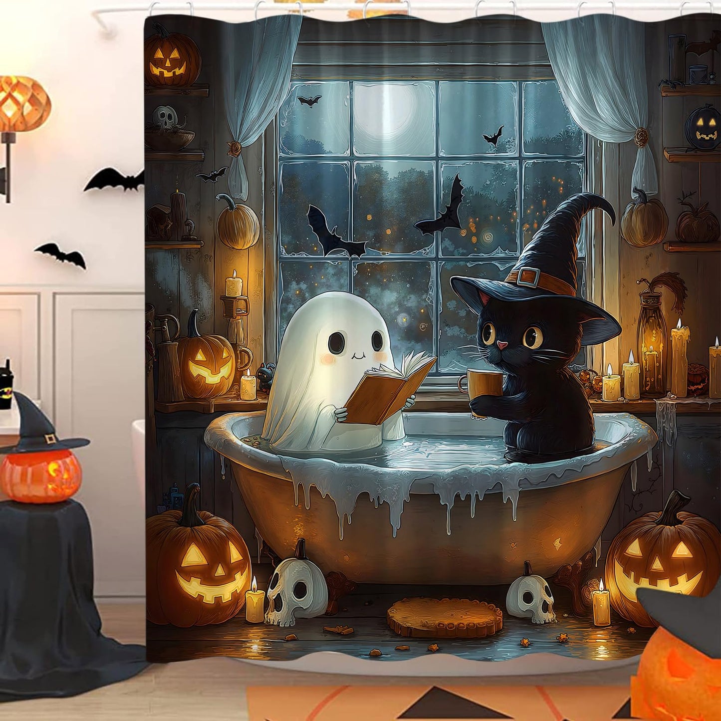 HUSPWP Halloween Funny Ghost Shower Curtain Spooky Gothic Cute Ghost Black Cat Reading in Bathtub Pumpkin Bat Skull Dark Horror Scary Goth Bat Creepy Holiday Fabric Bath Curtain with Hook