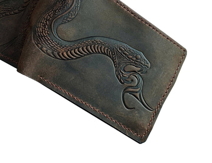 Mayan Corner - Authentical handcrafted wallet, bifold distressed leather gift, ID card wallet for dad - Snake