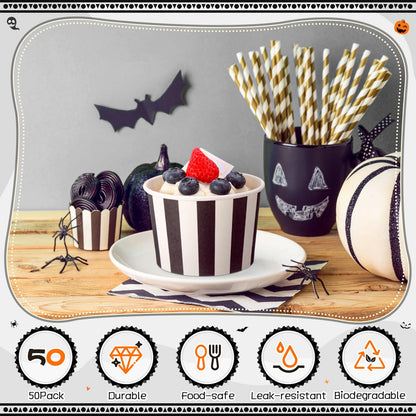 Potchen 50 Pack 9 oz Disposable Paper Bowls Fiesta Paper Soup Bowls Snack Cups Plates Wedding Birthday Party Supplies for Summer Ice Cream Taco Dessert Hot or Cold Food Holiday(Black and White Stripe)